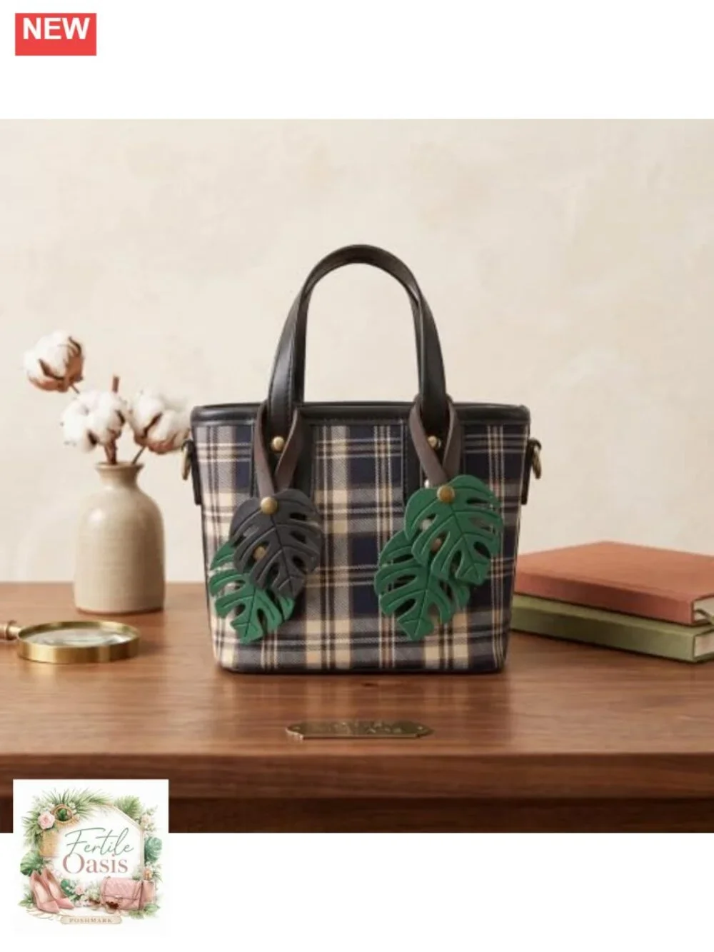Monstera Leaf Bag Charm Keychain Faux Leather PU
